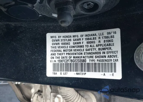 2016 Honda Civic Ex from USA, damaged, VIN 19XFC2F78GE233580